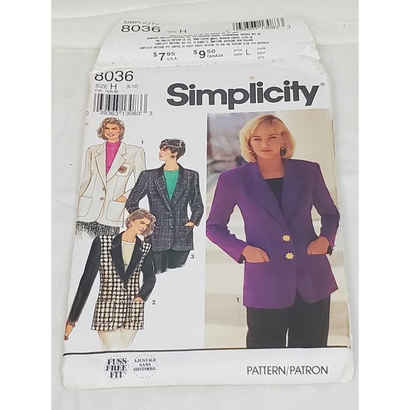 Simplicity Other - Simplicity 8036 Misses Petite Lined Blazer Sewing Pattern Size H 6-8-10 Vintage